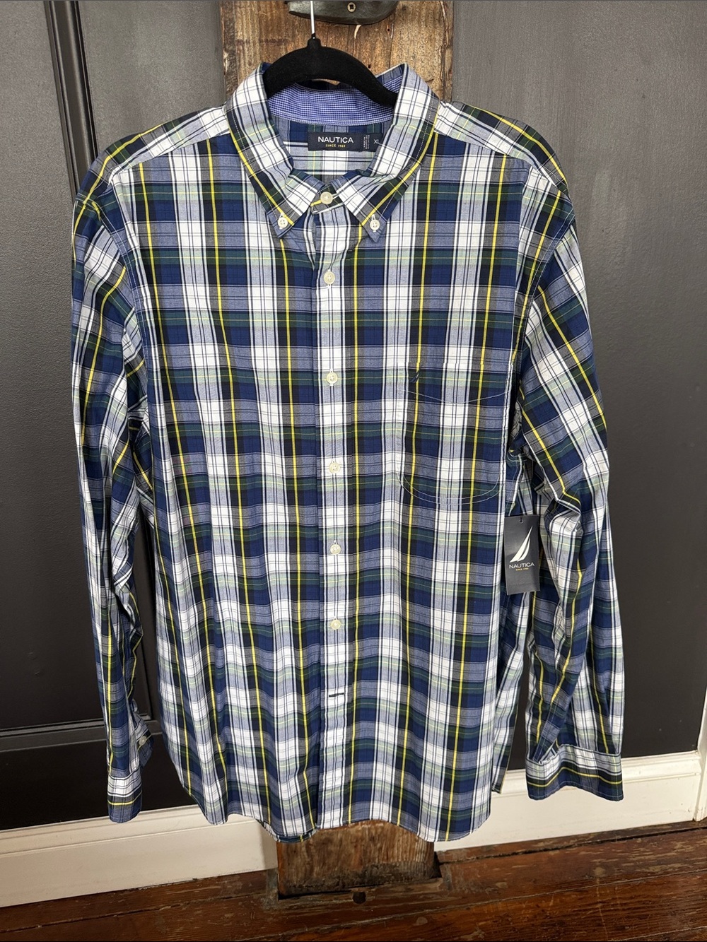 NWT Nautica Men’s Navy, White & Yellow Plaid Button-Down Shirt